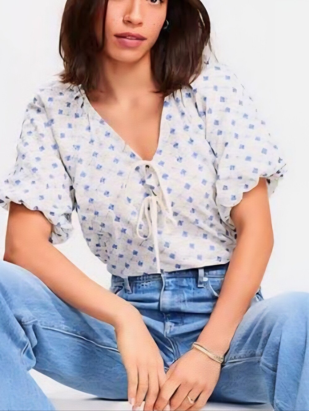 Loft Floral Embroidered Blue Cream Blouse Size Large